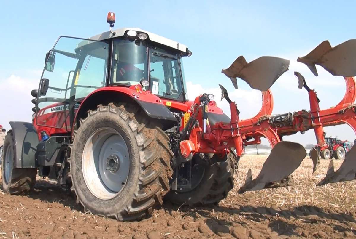 Ciągnik Rolniczy Massey Ferguson z pługiem 5-skibowym obracanym na polu