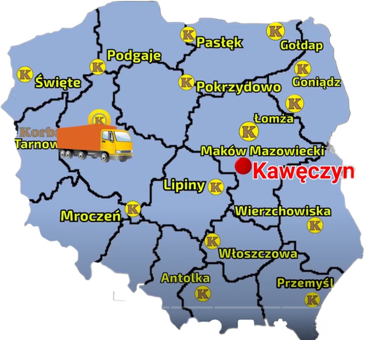 Mapa z punktami sprzedaży sieci Korbanek i miejscowościa gdzie został dostarczony siewnik Monosem