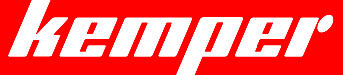 Logo firmy Kemper małe Biały napis Kemper na czerwonym tle
