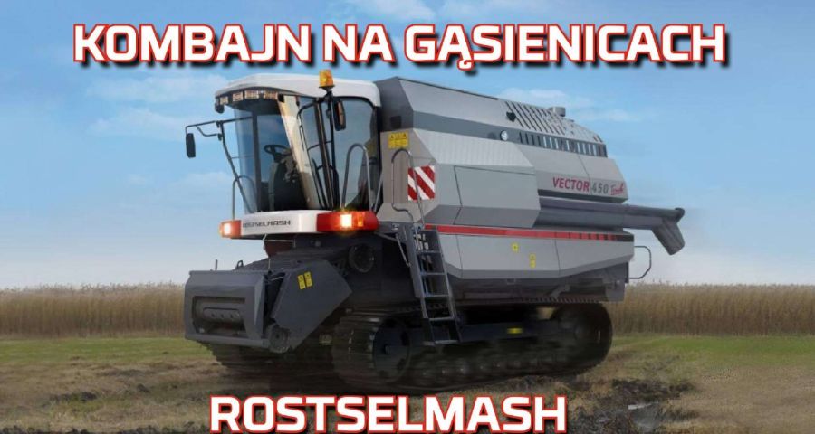 Zdjęcie na którym jest KOMBAJN ZBOŻOWY ROSTSELMASH Vector 450 na gąsienicach na mokre żniwa w błoto od Korbanek