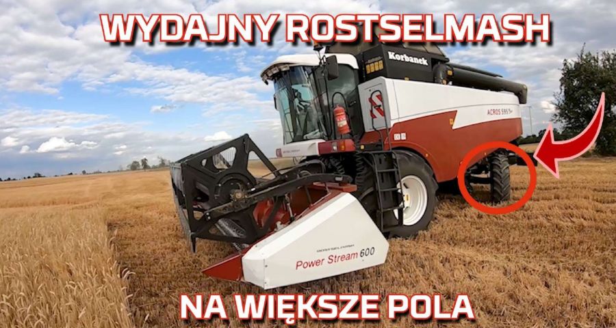 Tapeta wydajnego kombajnu zbożowego Rostselmash Acros podczas żniw 2019 od Korbanek na polu zboża