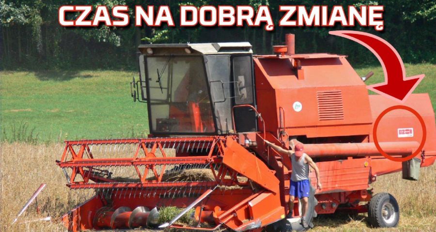 Zdjęcie na tapetę Kombajnu zbożowego bizon wymienionego na Rostselmash przez rolnika przed żniwami u korbanka w dobra zmiana