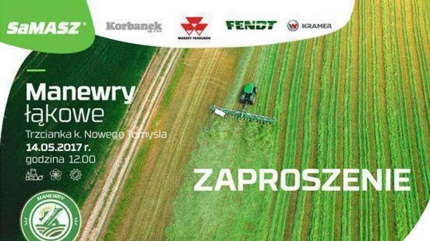 Zaproszenie na manewry łąkowe firmy Samasz i Korbanek w Trzciance widok z lotu ptaka ciągnika z  przetrząsaczem