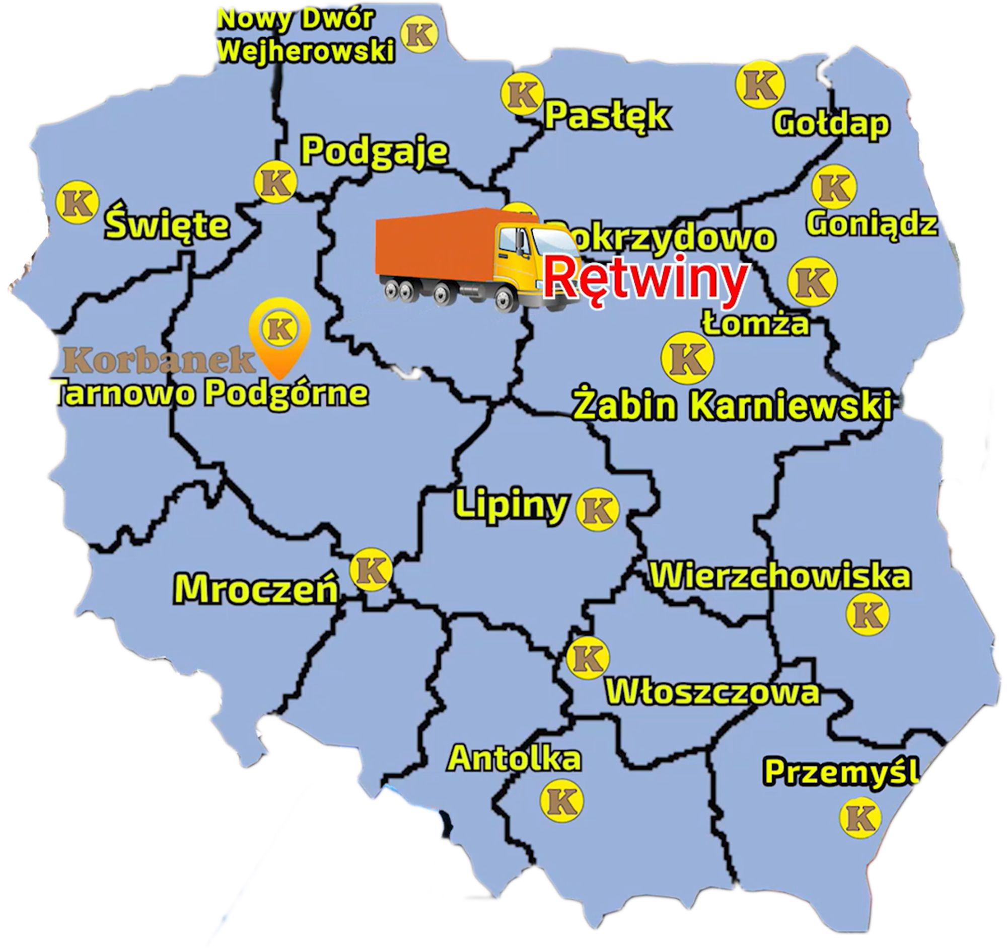 Mapa zawierająca punkty sprzedaży sieci Korbanek na terenie Polski i miejscowość gdzie została dostarczona prasa
