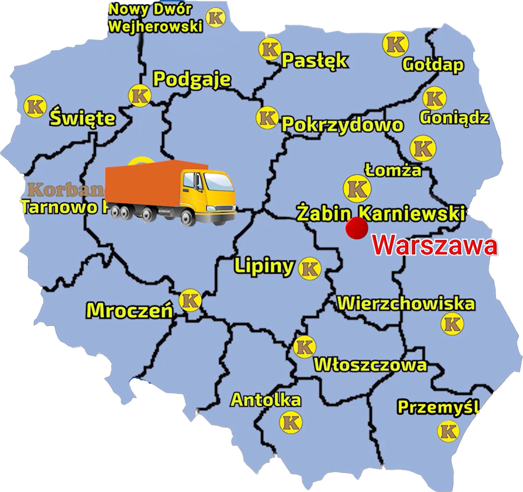 Mapa przedstawiająca sieć sprzedaży firmy Korbanek i miejscowość, gdzie do Klienta została dostarczona miniładowarka