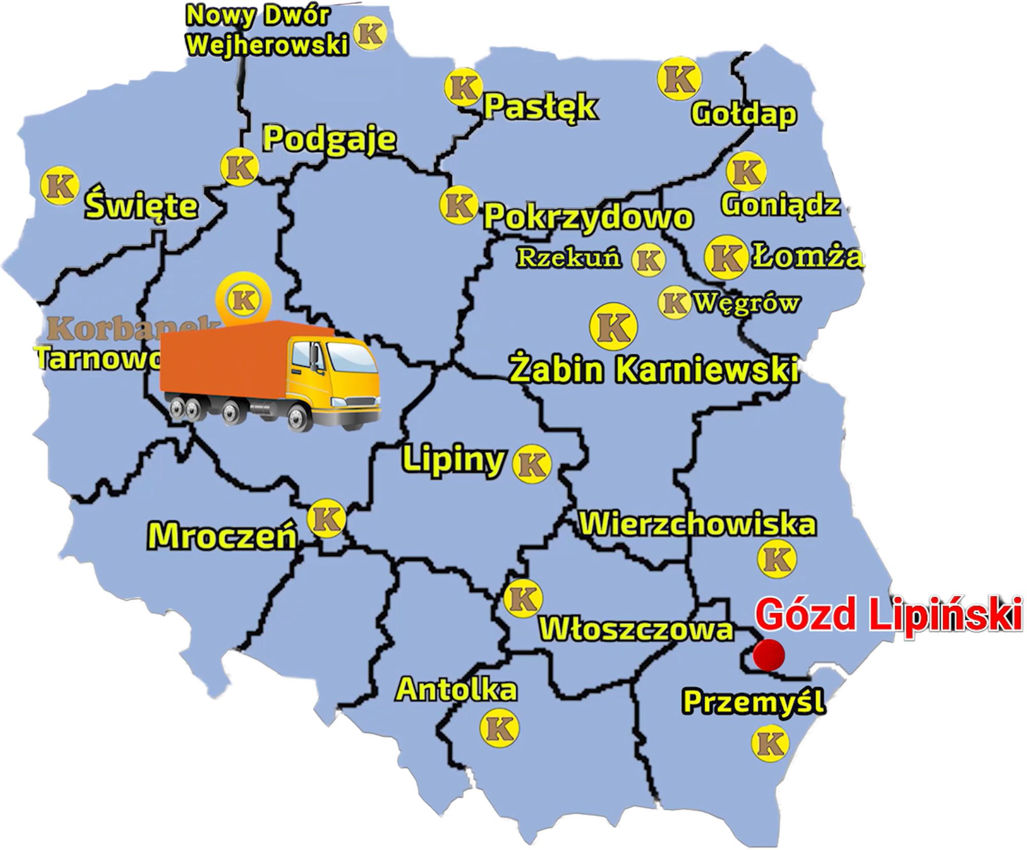 Mapa Polski z zaznaczonymi punktami sprzeadży w sieci Korbanek i miejscowością, gdzie do Klienta został dostarczony Arbos 3055