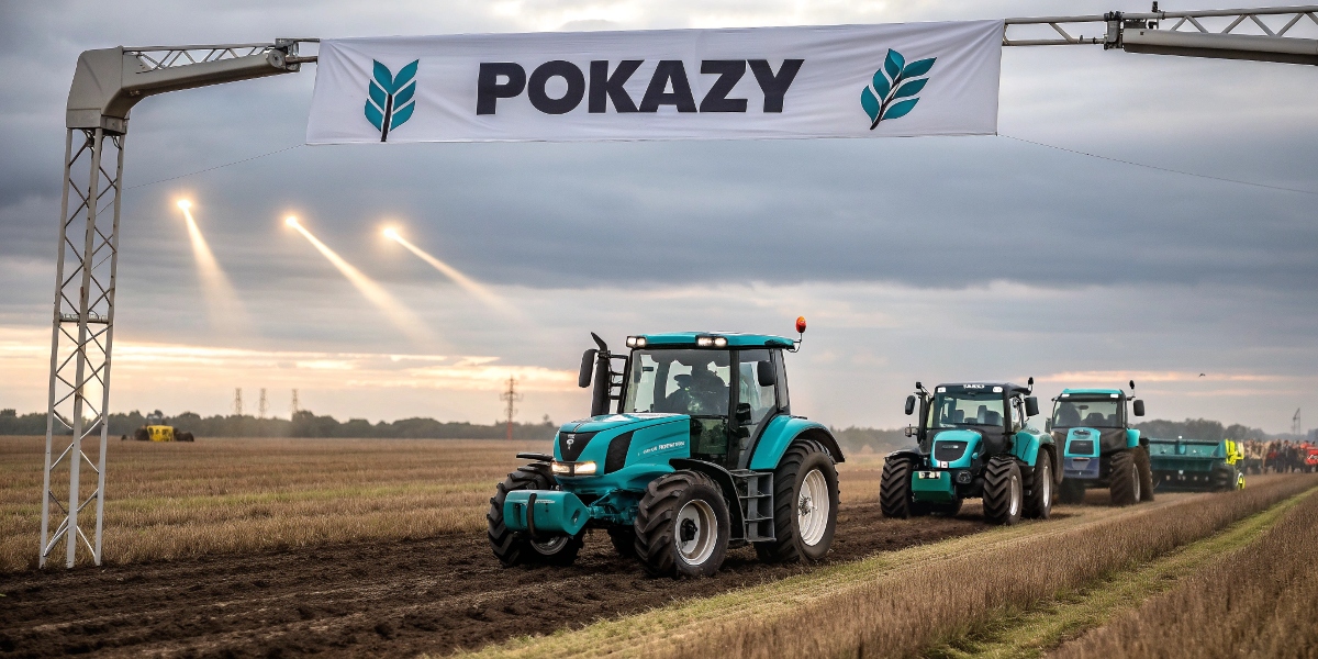 Pokazy maszyn rolniczych w terenie, nowoczesne ciągniki, kombajny i sprzęt prezentowane w pracy na polu.