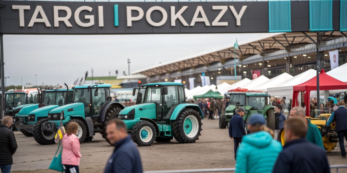 Prezentacja maszyn rolniczych na targach, pokaz nowoczesnych ciągników i sprzętu rolniczego dla rolników.