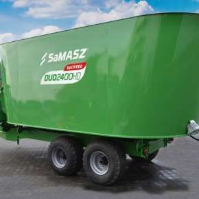 Zielony wóz paszowy na osi tandem z przednią taśmą wyładowczą 2-ślimakowy DUO HD firmy Samasz www.korbanek.pl
