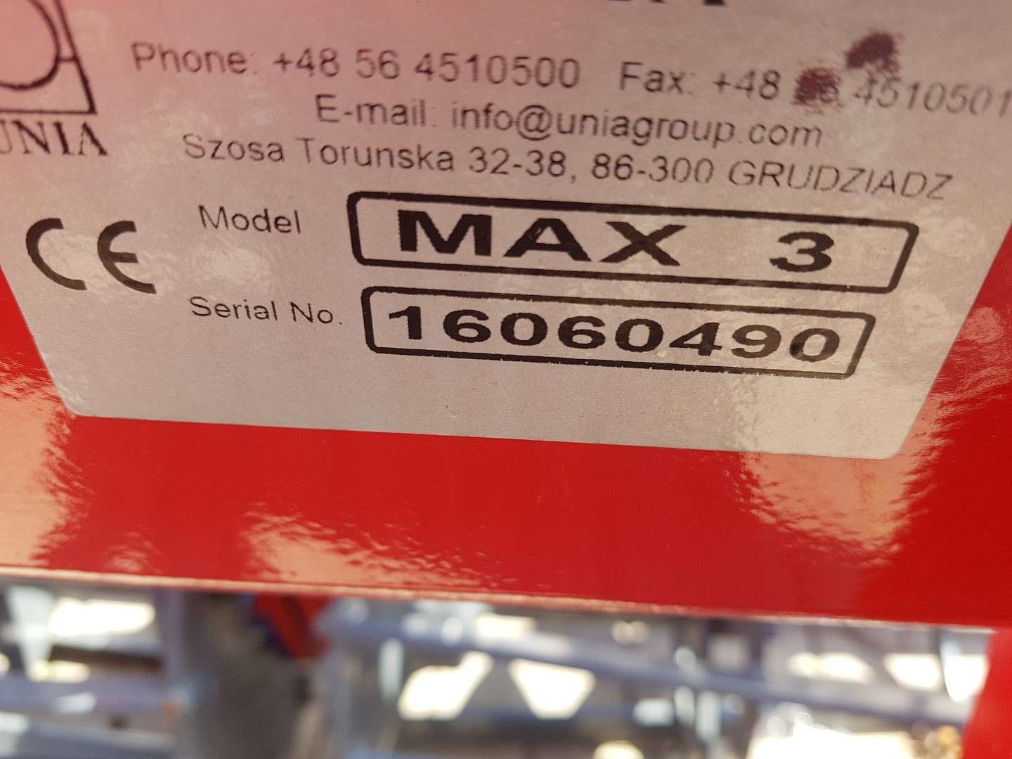 Tabliczka znamionowa agregatu MAX 3 firmy Unia group