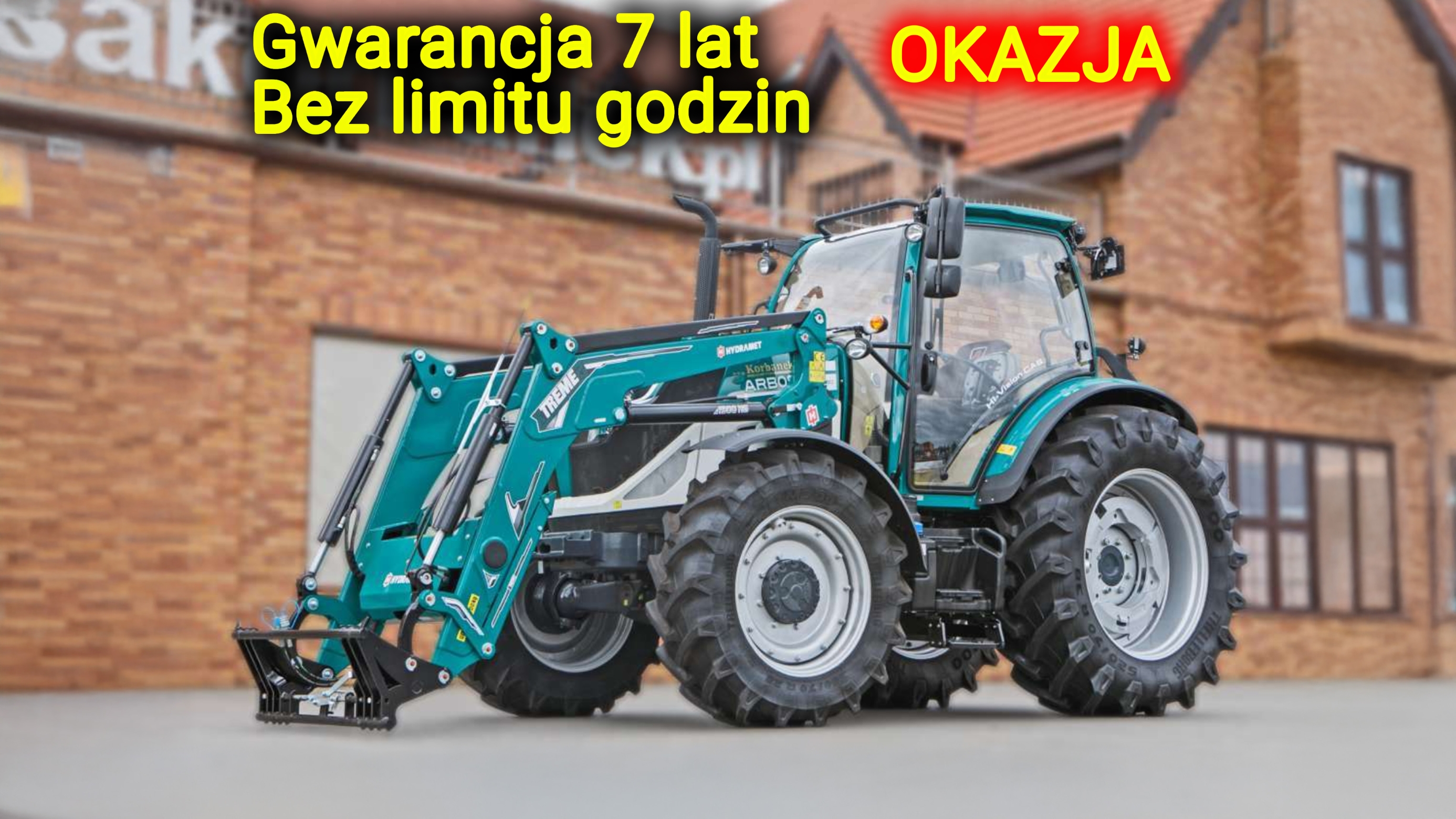 Ciągnik rolniczy Arbos 5130 z ładowaczem widok przodu z lewej strony