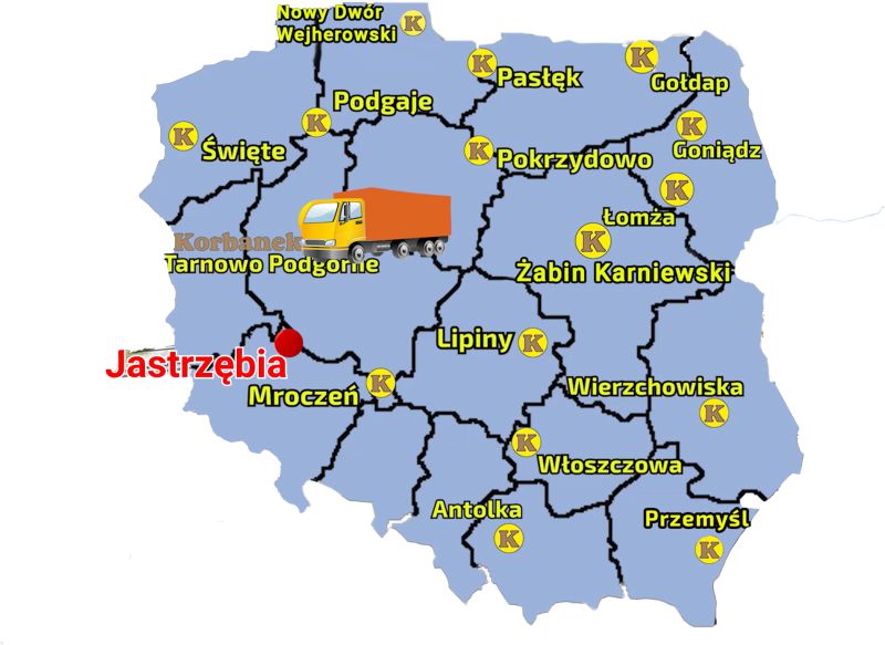Mapa ukazująca punkty sprzedazy sieci Korbanek w Polsce i miejscowość, gdzie do Klienta został dostarczony rozsiewacz Machio