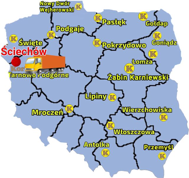 Mapa zawierająca punkty sprzedaży sieci Korbanek w Polsce i zaznaczoną miejscowość, gdzie do Klienta zostały dostarczone maszyny od KOrbanek