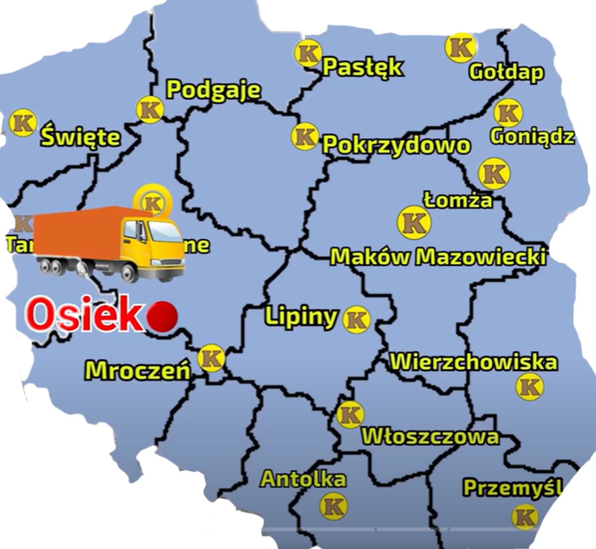 Mapa przestawiajaca sieć sprzedaży i miejscowość, gdzie znajduje się gospodartswo Pana Rafała