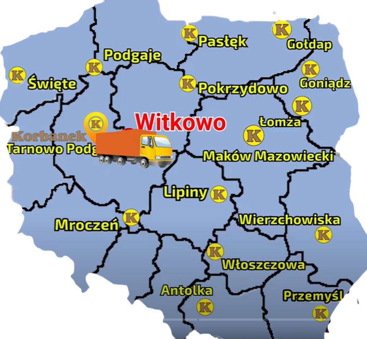 Mapa przedstawiajaca sieć punktw sprzedaży Korbanek
