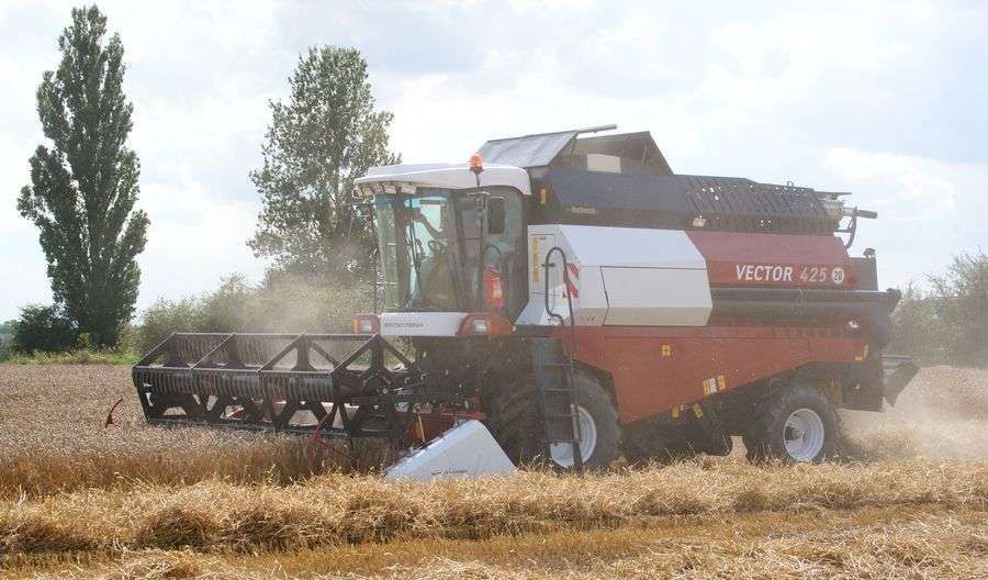 kombajn zbożowy Rostselmash Vector 425 podczas akcji żniwnej