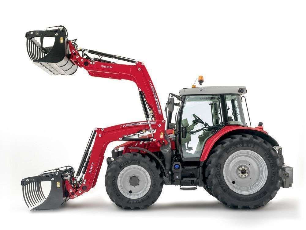 Ładowacz czołowy i ciągnik rolniczy Massey Ferguson widok z lewej strony ładowacza czołowego i ciągnika rolniczego Massey Ferguson mocny trwały niezawodny