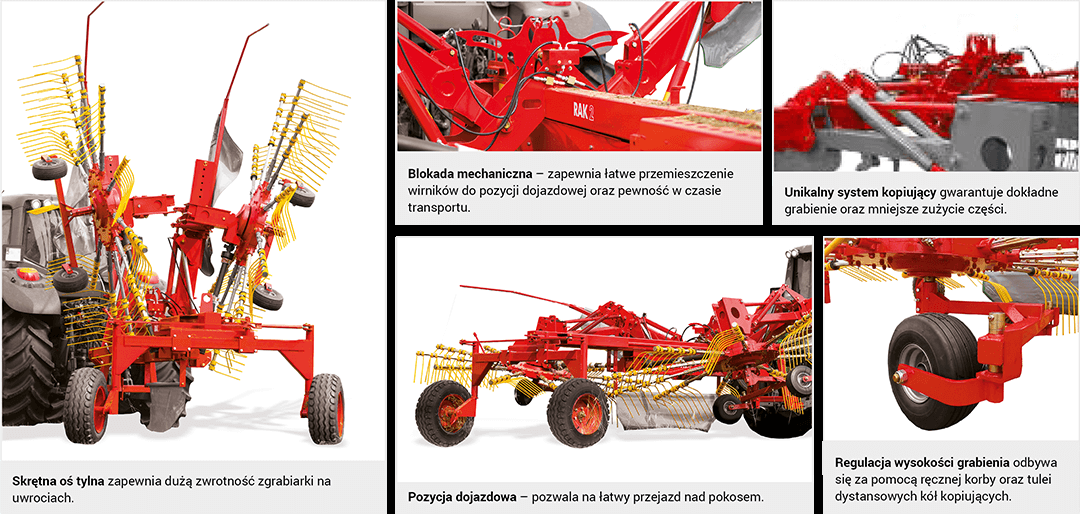 Kilka zdjęć przedstawiających najważniesze elementy zgrabiarki dwukaruzelowej RAK Unii Famarol