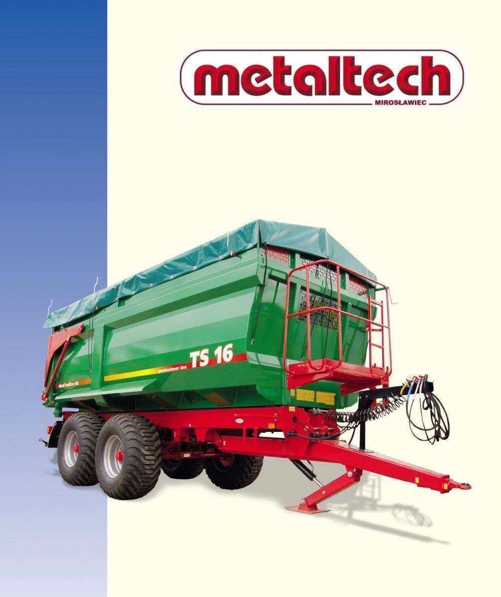 Przyczepa rolnicza METALTECH TS zdjęcie na jasnym tle u góry logo firmy Metaltech