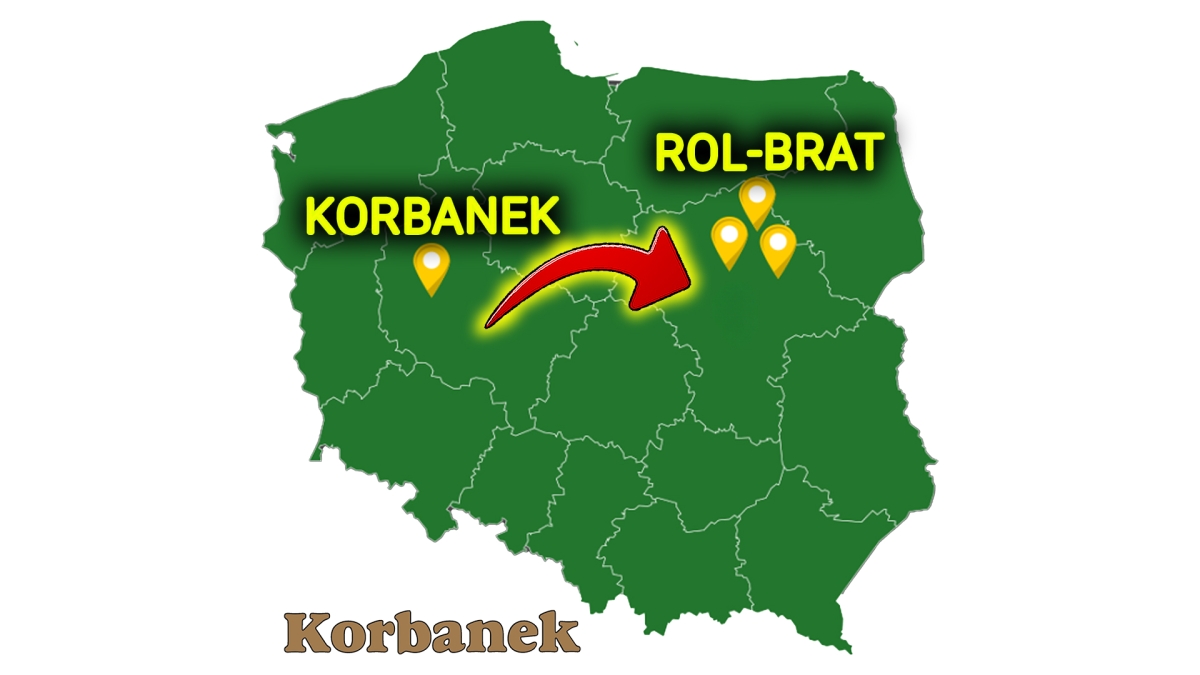 Mapa Polski z zaznaczonymi siedzibami głównymi Korbanek i Rol-Brat