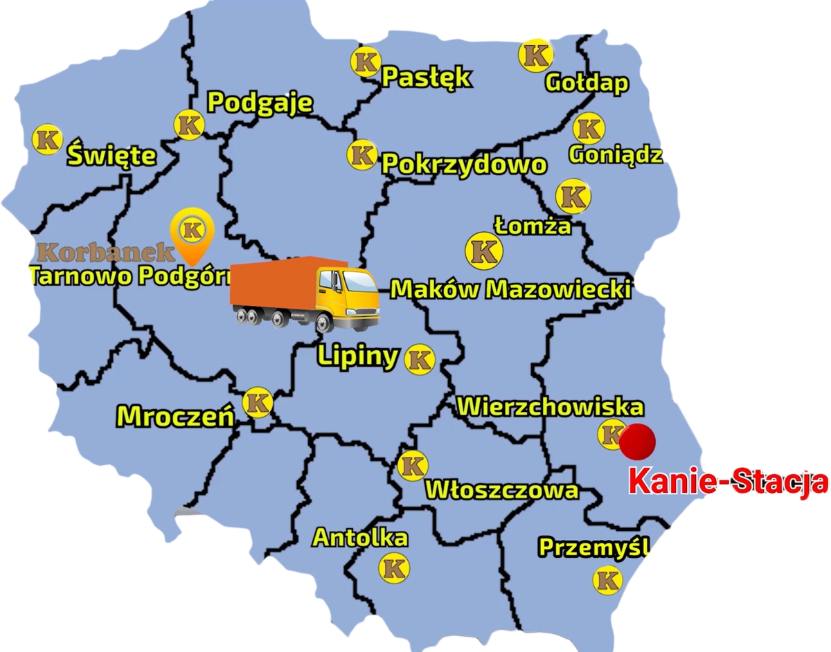 Mapa przedstawiająca sięc sprzeadży Korbanek w Polsce i miejscowośc gdzie został dostarczony Arbos 2025