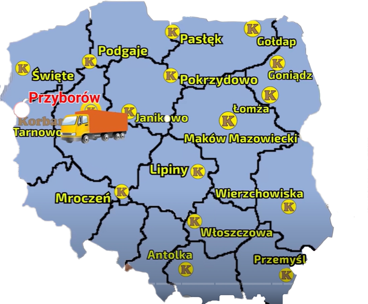 Mapa przedstawiająca punkty sprzedaży Korbanek i miesjcowośc gdzie do Pana Jacka został dostarczony ciągnik Arbos