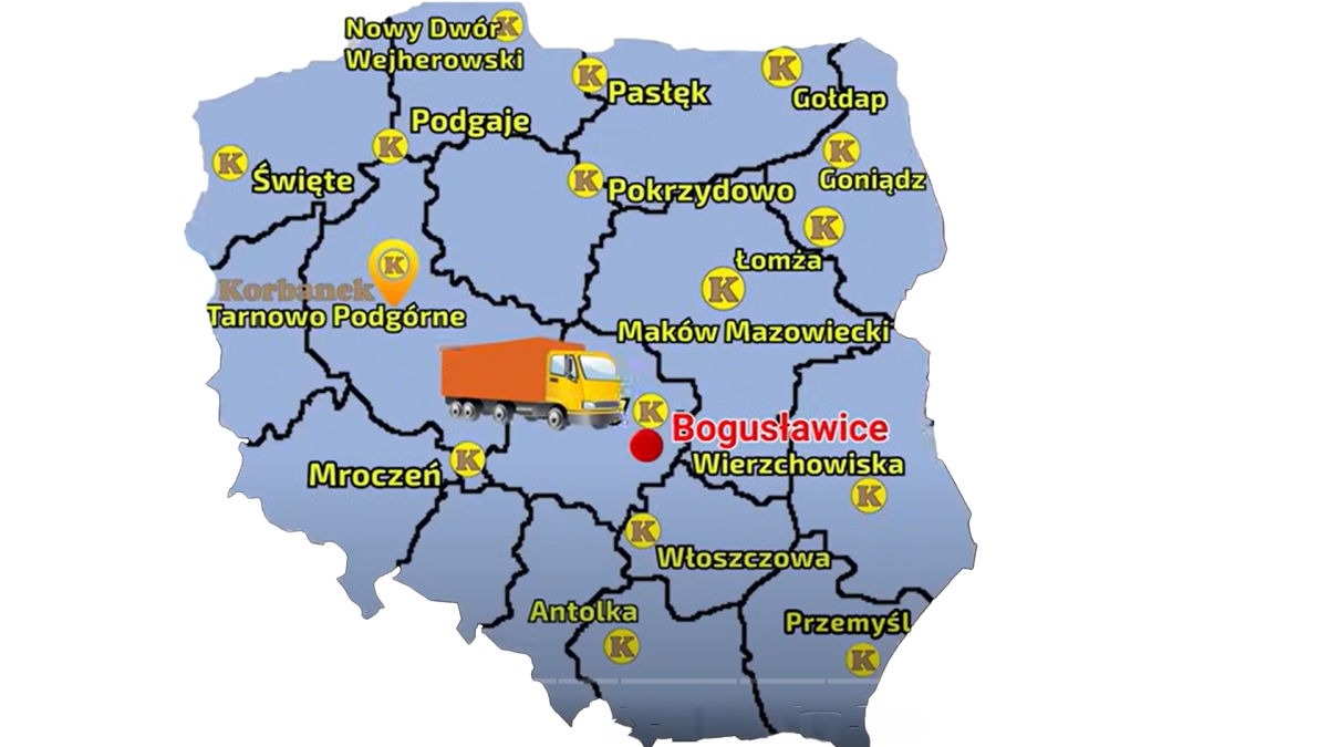 Mapa ukazująca punkty sprzeadzy sieci Korbanek i miesjcowość, gdzie został dostarczony kombajn.