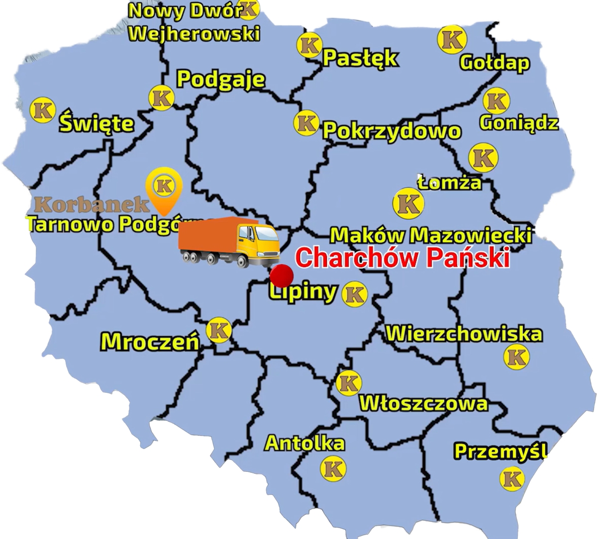 Mapa zawierajac punkty sprzedaży sieci Korbanek i zaznaczoną miejscowość, gdzie do Klienta została dostarczona ładowarka Faresin 6.26
