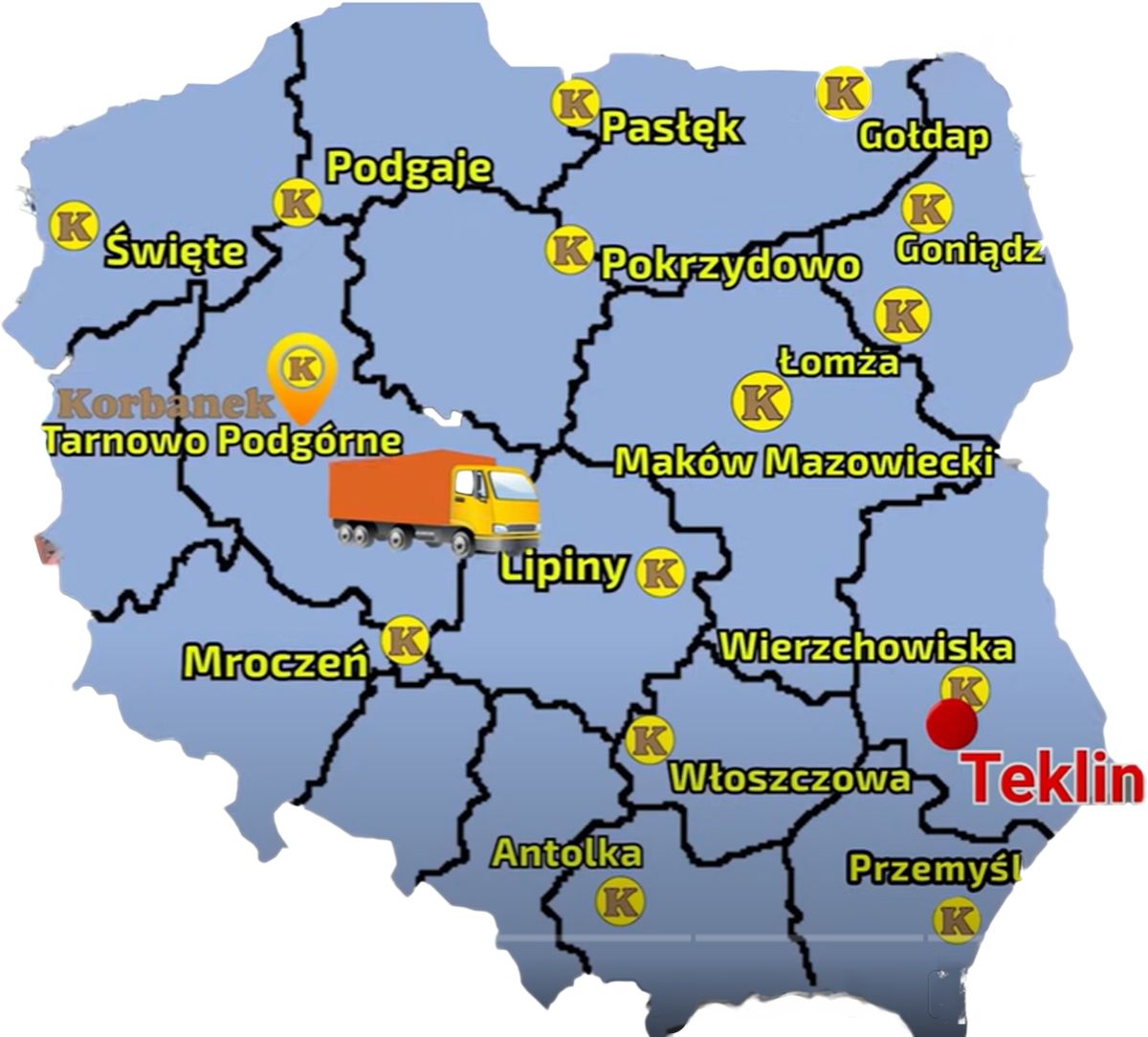 Mapa z pkt sprzedaży Arbosa 2025 i miejscowością gdzie został dostraczony ciągnik dla Pana Pawła