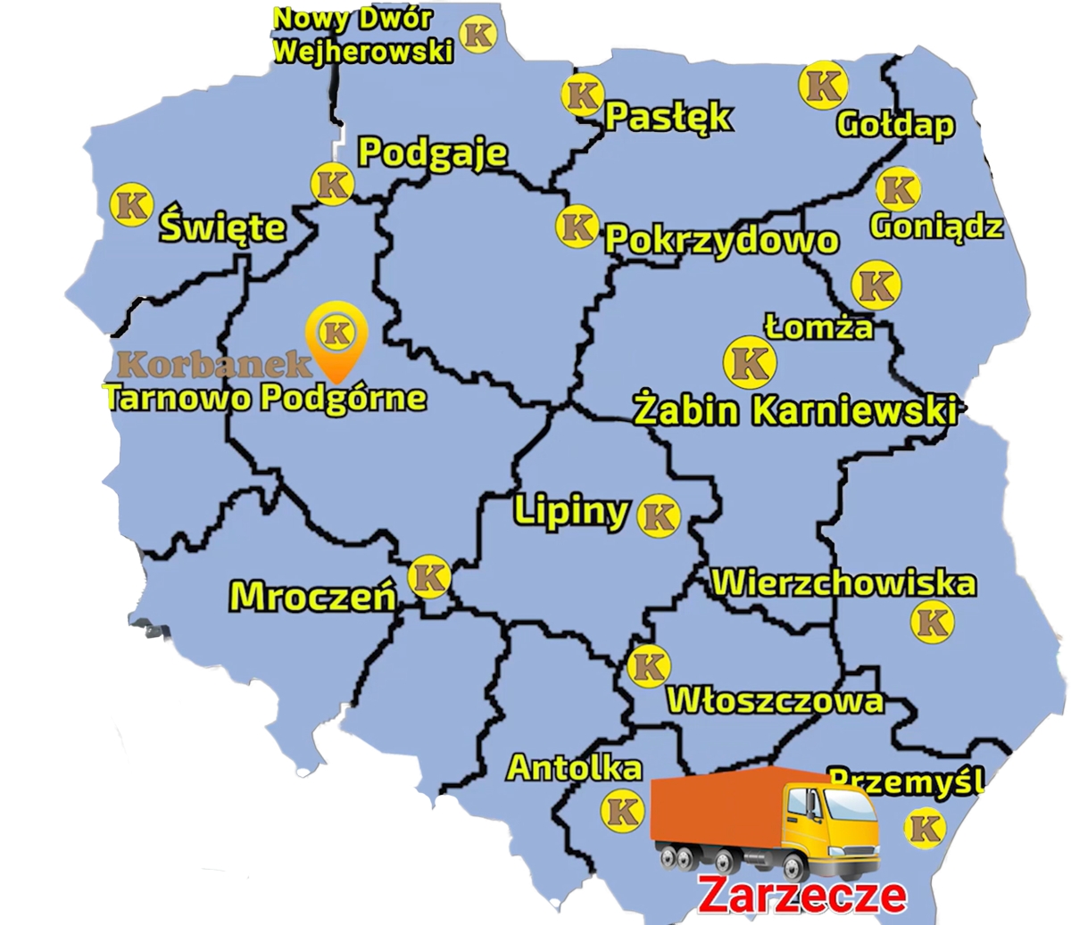 Mapa zawierająca punkty sprzedaży sieci Korbanek w Polsce i miejscowość, gdzie do Klientki został dostarxczony ciągnik Arbos 3055