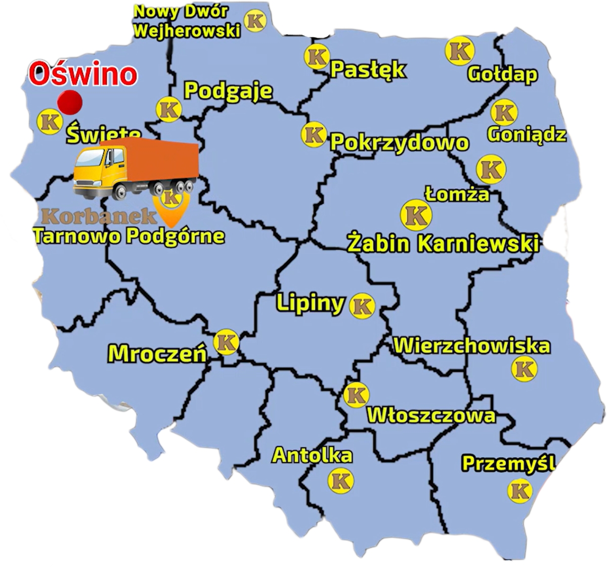 Mapa ukazująca punkty sprzedaży sieci Korbanek i miejscowość, gdzie do Klienta został dostarczony ciągnik Arbos 5130