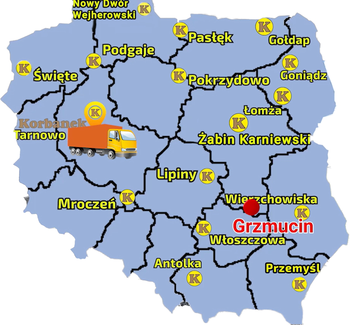 Mapa przedstawiająca strukturę sieci sprzedaży Korbanek w Polsce i zaznaczoną miejscowośc gdzie do Klienta została dostarczona prasa McHale