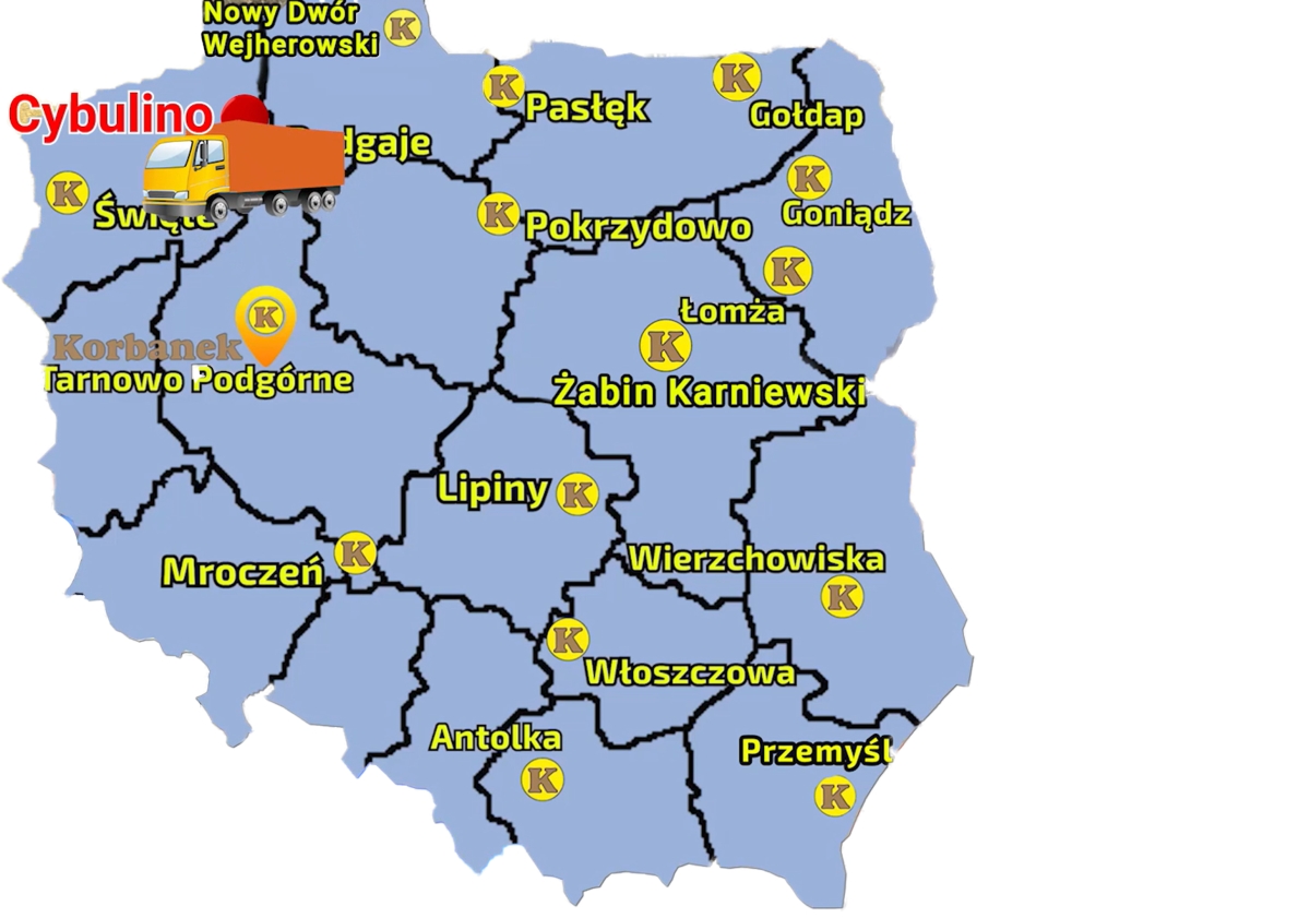 Mapa na której umieszczone są wszystkie punkty sprzedaży sieci Korbanek i miejscowość, gdzie do Klienta został dostarczony opryskiwacz