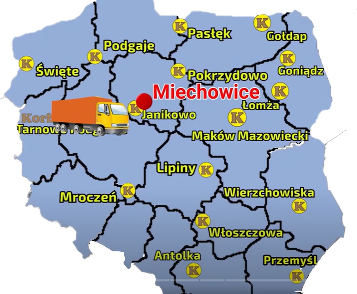 Mapa z pkt sprzedazy Korbanek i miejscowościa, gdzie znajduje się gospodarstwo klienta