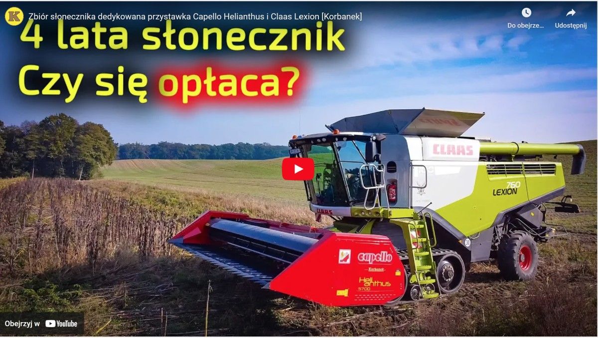 Film przedstawiający zbiór słonecznika przystawka Capello Film na YouTube z przystawką